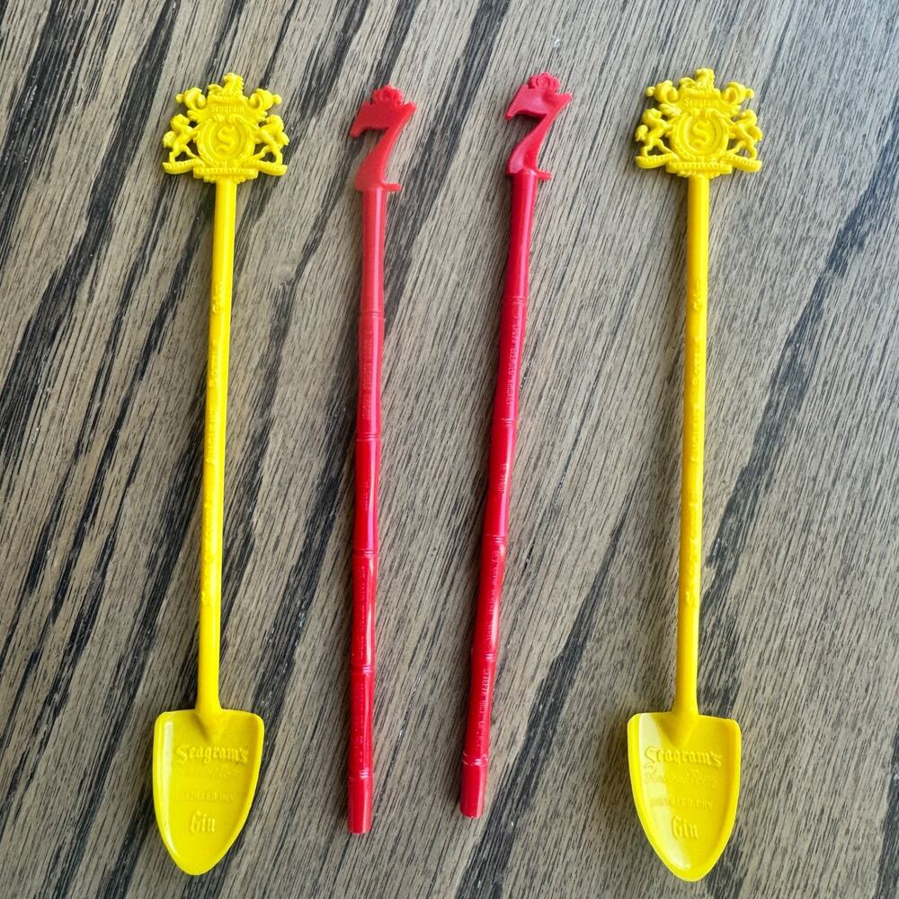 Lot of 4 Vintage Seagram’s Swizzle Sticks – Yellow Shovel & Red 7 Crown Barware